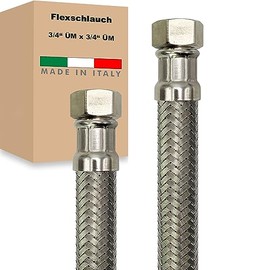Flexible Hose Nut x Nut Stainless Steel Reinforced Hose Connection Hose Sanitary Tap Hose Domestic Waterworks Made in Italy (3/4 Inch x 3/4 Inch - 300 mm)