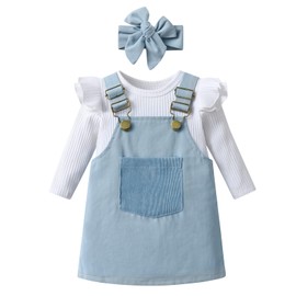 Infant Baby Girl Clothes Newborn Long Sleeve Ruffle Ribbed Romper Suspender Skirt Headband Dress Outfits Blue 3-6 Months