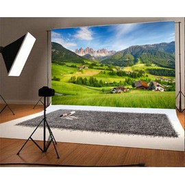 YongFoto 3 x 2 m Vinyl Photo Background, Nature, Landscape, Mountain, Grass Fly, House, Blue Sky, Photography Background for Photo Shooting, Portrait Photos, Party, Children, Wedding, Photo Studio