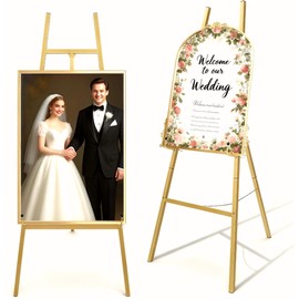 Tectsia Gold Easel Stand for Signs, Posters & Art – Heavy Duty Metal Adjustable Display Easle Stand (3-Tier), Freestanding Tripod for Weddings, Paintings, Baby Showers, Graduations, Home & Office Use