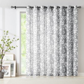 Grey White Sliding Door Curtain 84 inch Length Semi Sheer Leaf Print Curtains for Living Room Bedroom Linen Textured Look Light Filtering Window Curtain Panels Botanical Window Drapes 100” w 1pcs