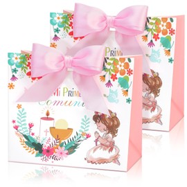 DPKOW 12pcs Rosa Mi Primera Comunión Cajas por Niñas Recuerdos para Invitados de Comunión, Rosa Niñas Comunión Bolsas de Regalo Caramelos Dulces Bombones Paquetes Cajas de Comunión Niñas