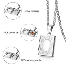 Oidea Retro Locket Necklace for Men Women: Silver Tone Stainless Steel Memory Book Photo Locket Pendant Necklace Flower Pattern Memorial Lockets Jewelry Gift
