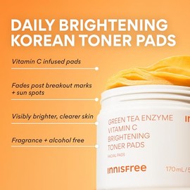 innisfree Almohadillas de tóner con enzima de té verde con vitamina C | Almohadillas faciales coreanas iluminadoras con ácido hialurónico y niacinamid