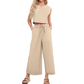 Glamaker Women's Linen Summer 2 Piece Outfits Sleeveless Tank Croped Matching Sets Trendy Wide Leg Pants 2024 Fashion Clothes Apricot S