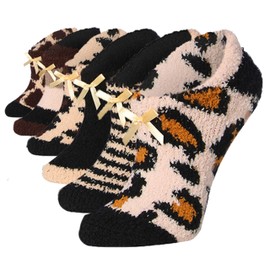 Tipi Toe Women's 6 Pairs Cozy Microfiber Anti-Skid Leopard Cheetah Striped Patterned Colored Soft Fuzzy Ankle Slipper Socks, FZ35-T1