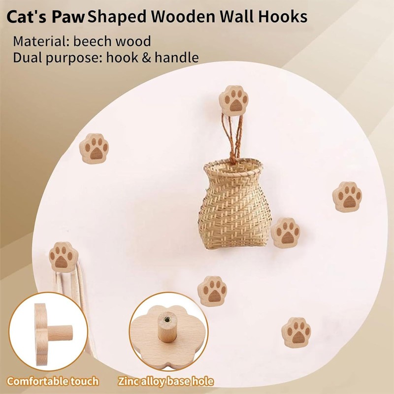 MOROBOR Cat Paw Print Drawer Knobs, 6 Pack Wooden Single