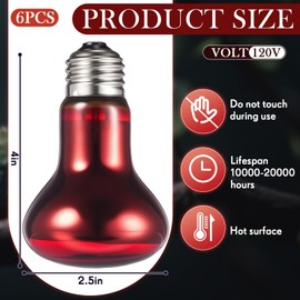 VIHOSE 6 Pack 100 W Reptile Heat Lamp Red Bulb Infrared Heat Emitter Lamp Basking Light Bulbs for Reptiles, Bearded Dragon, Lizard, Tortoise, Chickens, Leopard Gecko, Amphibian, Pets