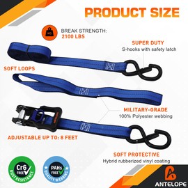 A ANTELOPE Ratchet Tie Strap Set of 4-2100 LBS Breaking Strength, 1" x 15' Ratchet Straps with 4 Soft Rings, Coated S-Hooks, and Soft Padded Handle for Secure Motorcycles, Trucks, Trailers (Blue)