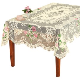 Elegant Embroidered Lace Tablecloth with Colored Floral Accents - Seasonal Dining Room Décor, Rectangle