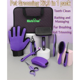 Pet Hair Grooming Tool Kit-9 Packs,Dog Cat Washing Gloves,Slicker Brush,Nail Trimming Tools,Dog Toothbrush,Comb and Grooming Scissors Set