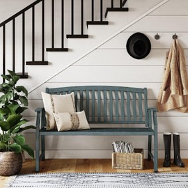 Grand patio 52" Farmhouse Outdoor Bench, Garden Benches with Rust Free Metal Powder Coated Frame and Aluminum Backrest, Faux Wood Grain Finish Frame Patio Bench for Front Porch, Weathered Blue