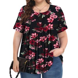 PEVRL Womens Plus Size Tops Summer Shirts Tunic Short Sleeve Crew Neck Loose Fit Blouse Black Flower 3X