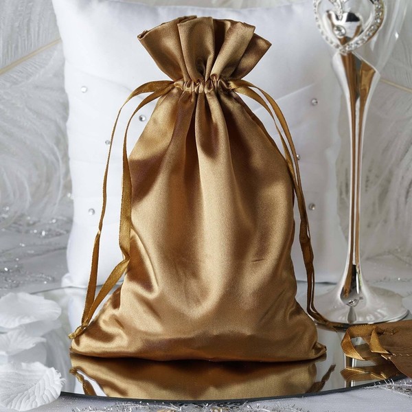 Efavormart 12PCS ANTIQUE GOLD Satin Gift Bag Drawstring Pouch Wedding Favors Bridal Shower Candy Jewelry Bags - 6"x 9"