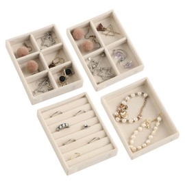 Frebeauty Small Jewellery Tray Set,Stackable Velvet Jewellery Organiser Tray,Mini Jewellery Drawer Organiser,Drawer Inserts,4.92 x 3.74 x 0.9 Inches,Earring Organiser for Women Girls(Set 4,Beige)