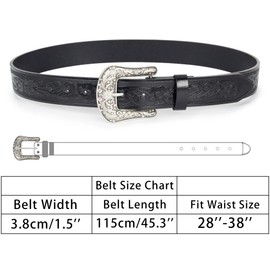 KorhLeoh Women's Vintage-Western-Cowboy-Belt with Rhinestone-Buckle, Floral Engraved Cowgirl Belt Waist Strap for Jeans, Black - Style1, Fits Waist 32-38''