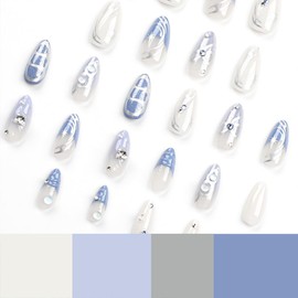 24Pcs Blue Press on Nails Almond Medium Fake Nails with Sliver Chrome Bow Charms Designs Stiletto Acrylic Nails Almond Shaped Y2K Glue on Nails Glossy Full Cover False Stick on Nails for Women Girls