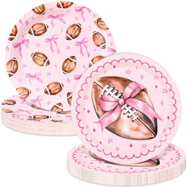24Pcs Pink Bow Football Paper Plates, Touchdowns or Tutus, 7In