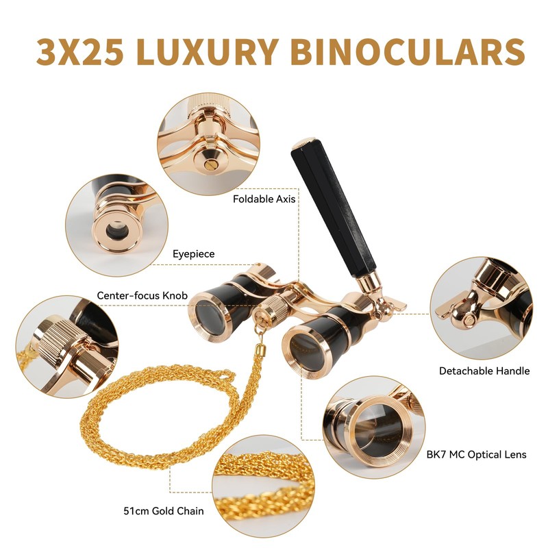 BOSTRON Opera Glasses 3X25 with Adjustable Handle & Chain,BK9 Optical