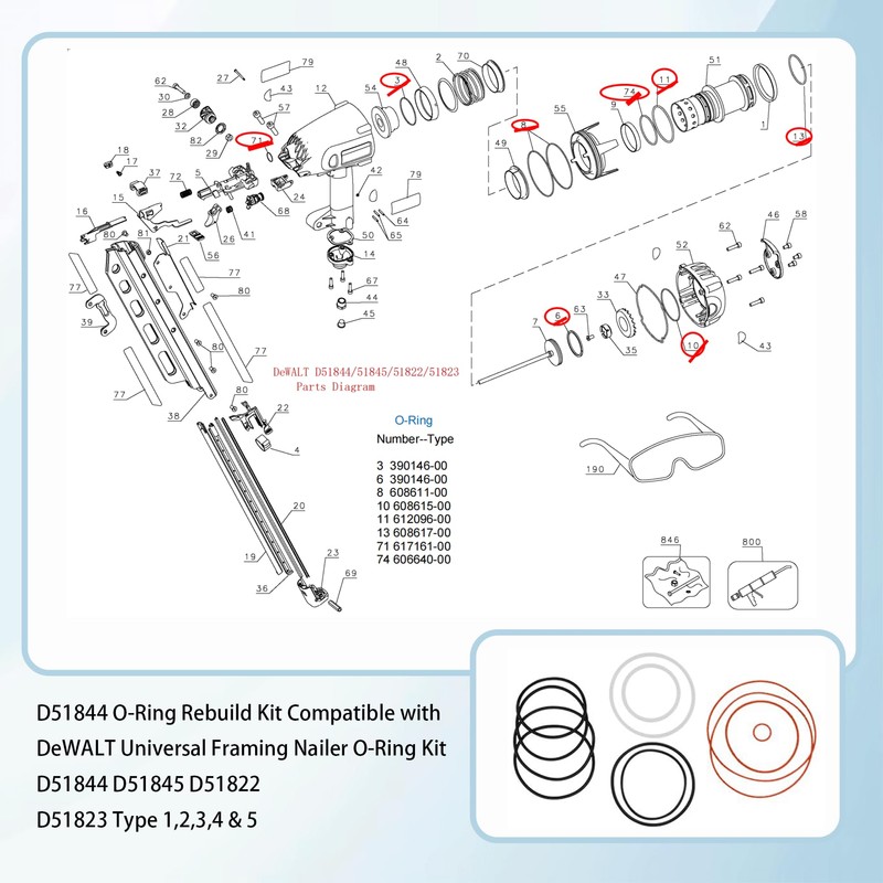 D51844 O-Ring Maintenance Rebuild Kits for DeWALT Universal Framing Nailer,