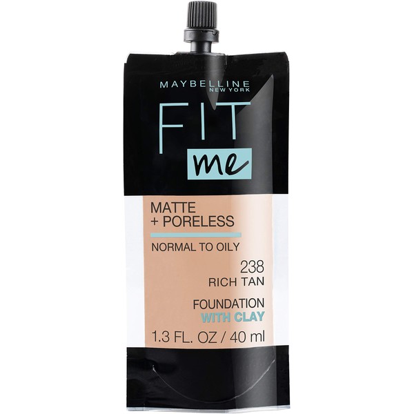 Maybelline New York Fit Me Matte + Poreless Liquid Foundation, Pouch Format, 238 Rich Tan, 1.3 Ounce