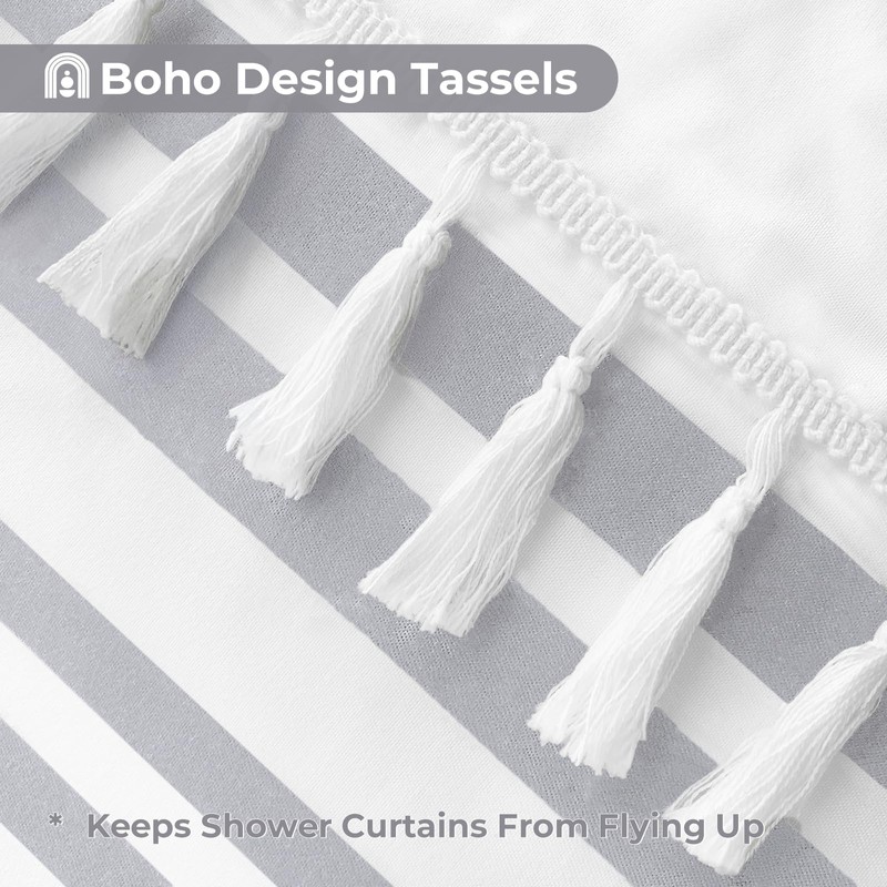 Seasonwood Grey and White Shower Curtain with Tassels Modern Farmhouse