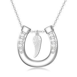 YAFEINI Horseshoe Necklace with Angel Wings Sterling Silver Pendant Necklace Horse Jewellery Gifts for Women Girls, Sterling Silver