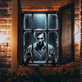 BlissYard Christmas Window Banner 31x47 Inch Snowy Window Scene Snowman Holly Red Cardinal Pine Trees Cozy Cabin Warm Light Xmas Holiday Window Cover Polyester Fabric Decor