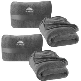 BlueHills Premium 2 Pack Travel Blanket Pillow in Mini Soft Case Plush Airplane Blanket in Bag Compact Luggage Belt Plane Pillows Gifts Long Flight Blankets Essentials Gray M21