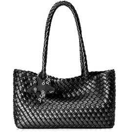 DSGUTWO Woven Purse for Women, Fashion Handbags and Purses, Beach Shoulder Bags, Travel Braided Top Handle Tote Bag (Pearl Black)