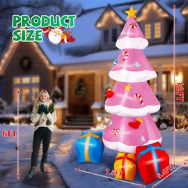 Calmbee Christmas Inflatables, 12Ft Christmas Tree Decorations, Blow Up inflatables with Built-in LEDs, Giant Green Tree Inflatables with Three Gifts, for Outdoor Holiday Yard Garden Lawn, Pink