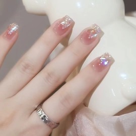 Lwenjing Nail Tips, 24 Pieces, 3D Nail Tips, Handmade Nail Tips, Short, Spring and Summer, Popular Japanese Style, Cute, Simple, Stylish, Bride, Shiny, False Nails, Double-Sided Tape, Coming of Age