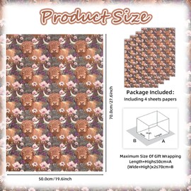 Highland Cow Wrapping Paper For Kids Girls Boys, Watercolor Yak Wrapping Paper - 4 Sheets Folded Flat 20x28 Inch Floral Cow Gift Wrap for Yak Theme Birthday Wedding Holiday