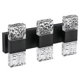 MELUCEE Modern LED Bathroom Lights Over Mirror 24W Dimmable Crystal Wall Sconce LED Vanity Light Bar 3 Lights Black Bathroom Wall Light Fixtures for Bath Powder Room, 3000K Warm Lighting