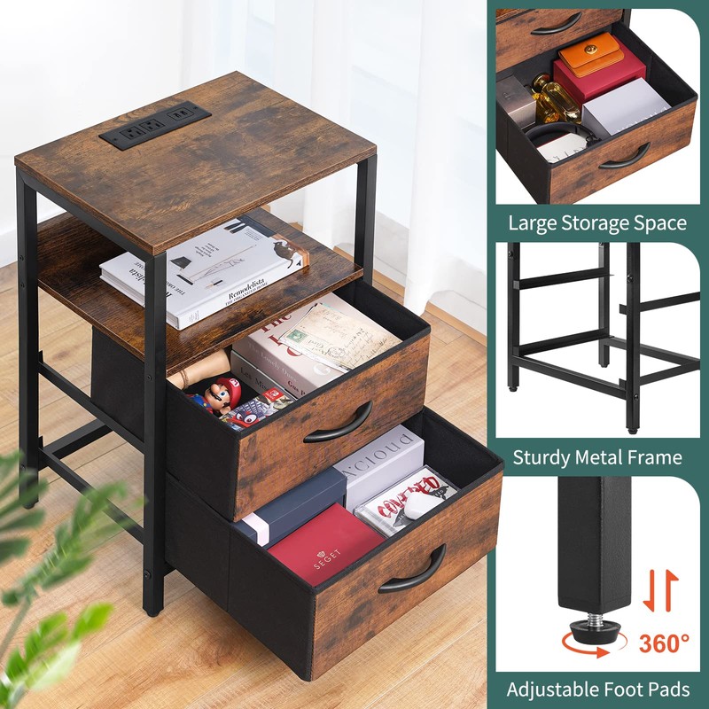 Yoobure Nightstand with Charging Station, Small Night Stand with Fabric