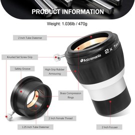 Astromania Barlow Lens 2X for Telescope, 2 Inch 4 Element Fully Multi-Coated Metal High Power Premium Barlow Lens - Internal Brass Ring to Use of Both 1.25 Inch and 2 Inch Telescope Eyepiece