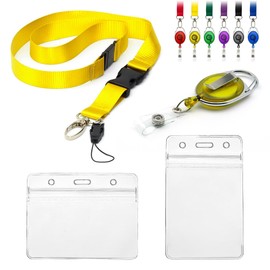 Lanyard with Card Holder 4pc Set, Includes 1 Detachable Safety Breakaway Lanyard 1 Retractable Yo Yo Reel Clip 2 Clear Waterproof Identification ID Badge Double Sided Plastic Identity Pouches (Yellow)