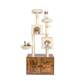 Bonnlo Large Cat Tree with Litter Box, All-in-1 Wooden Cat Tower, 70” Height Houses for Indoor Caats, Kittens Condo wih Scratching Posts, Hidden Cat Washroom Furniture