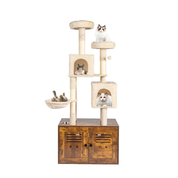 Bonnlo Large Cat Tree with Litter Box, All-in-1 Wooden Cat