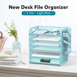 SUPEASY 6 Tier Paper Organizer with 4 Pen Holders, Mesh Desk Organizer Letter Tray with Handle, Paper Tray Organizer File Organizer for A4 File Folder, Blue