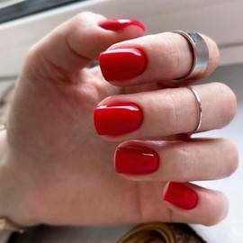 24pcs Square False Nails - Red Fake Nails - Medium Length Red False Nails with Glue - Glossy Full Cover Press on Nails - Long Lasting Removable Nails Women Girls Nail Art