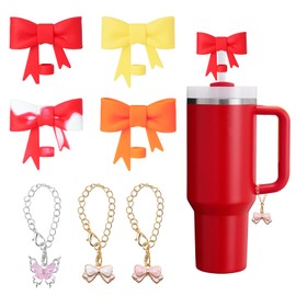 4 Pcs Bow knot Water Cup Straw Lids Cup Accessories, 3 Cute Charms and 3 Chains for 40oz and 30oz Cups, Reusable Silicone bow straw topper for 8-10mm Straws (Red)