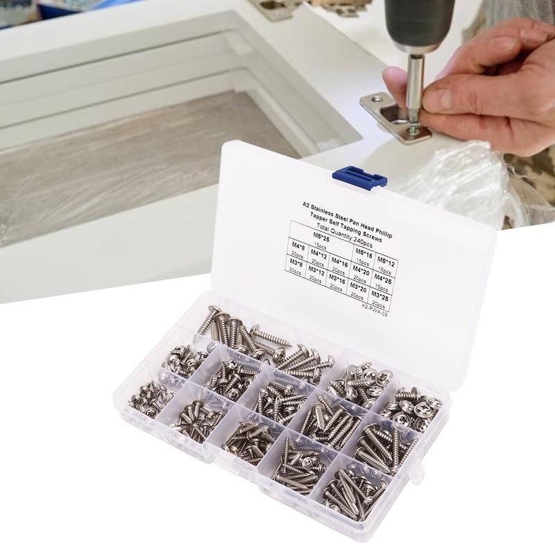 240Pcs Self Tapping Screws Cross Pan Head Stainless Steel M3