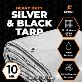 Heavy Duty Poly Tarp - 30' x 30' - 10 Mil Thick Waterproof, UV Blocking Protective Cover - Reversible Silver and Black - Laminated Coating - Grommets - by Xpose Safety