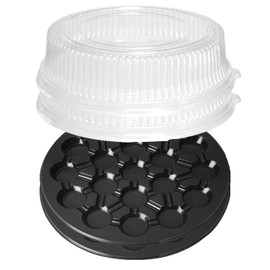 Party Essentials 16-Inch Round 19-Cavity Cupcakes Trays, Black with Clear Dome Lids, Set of 2