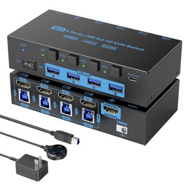 8K HDMI KVM Switch 4 Computers Sharing 1 Monitor, ANXQQ EDID Function KVM Switch HDMI 4 Port 8K@60Hz 4K144Hz for 4 USB Devices, Keyboard Mouse Switch with 4 USB Cables, Wired Control and Power Supply