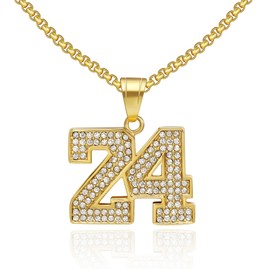 Bling Iced Out Sparkly Link Chain with Number Pendant,Chunky Diamond Cubic Zirconia Basketball Charm Gold Plated/Silver NO.24 Necklace for Men,Titanium Steel Athletes Sports Team Hip-hop Jewelry