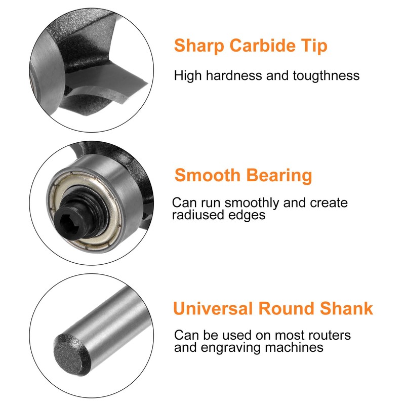 sourcing map Roundover Router Bit 1/4 Shank 5/32" Radius Carbide