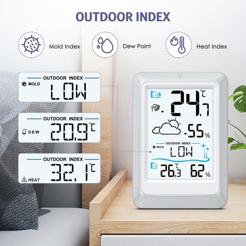 OQIMAX Indoor Outdoor Thermometer Digital Weather Station Temperature Hygrometer Indoor