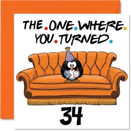 Fun 34th Birthday Cards for Men Woman - The One Where - Funny Birthday Card for Dad Mum Son Daughter Brother Sister Uncle Auntie Cousin, 145mm x 145mm Greeting Cards, 34th Birthday Card